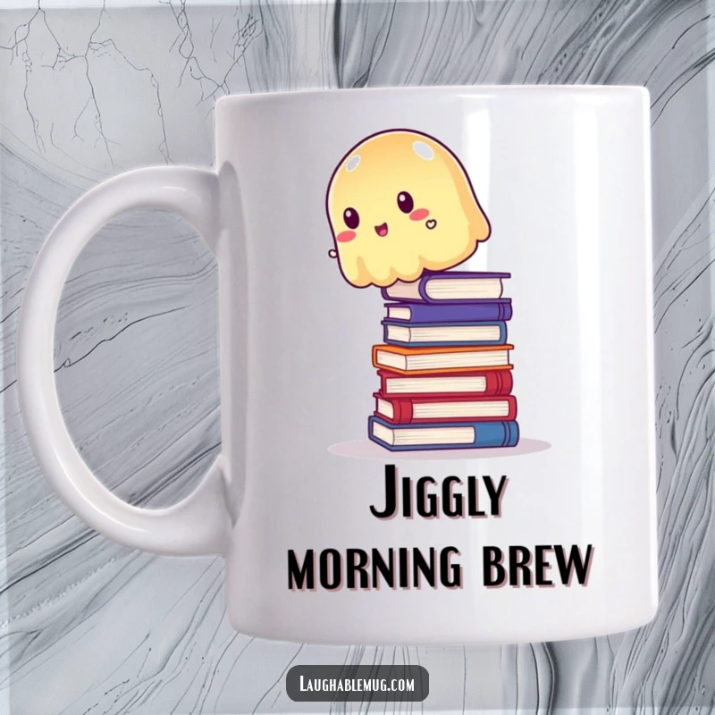 Funny Mug: Wobbly jelly trying to balance precariously on a stack of books, a humorous and relatable character.