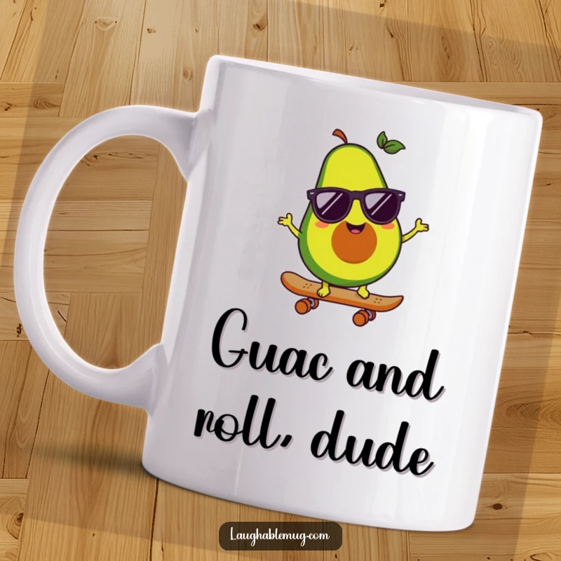 Funny mug of a happy avocado character in sunglasses riding a skateboard, exuding cool vibes and zest for life.