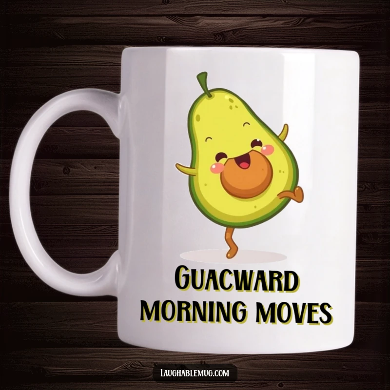 Funny mug featuring a fuzzy green avocado in mid-cartwheel, embodying pure joy and energetic silliness.