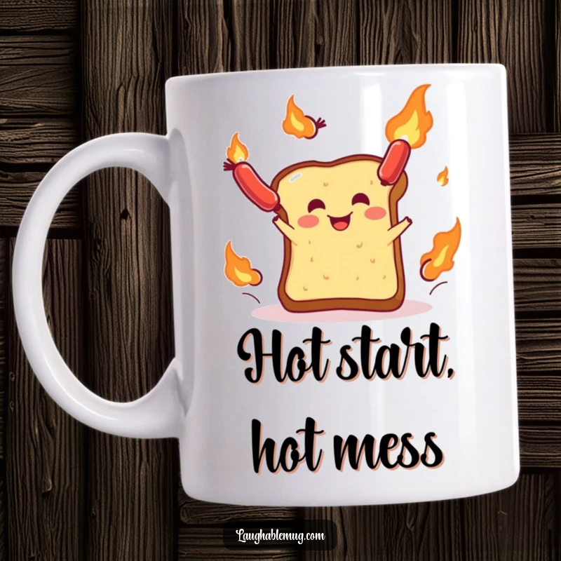 Funny mug: A piece of toast comically juggling flaming sausages with a determined expression, bringing breakfast chaos to life.