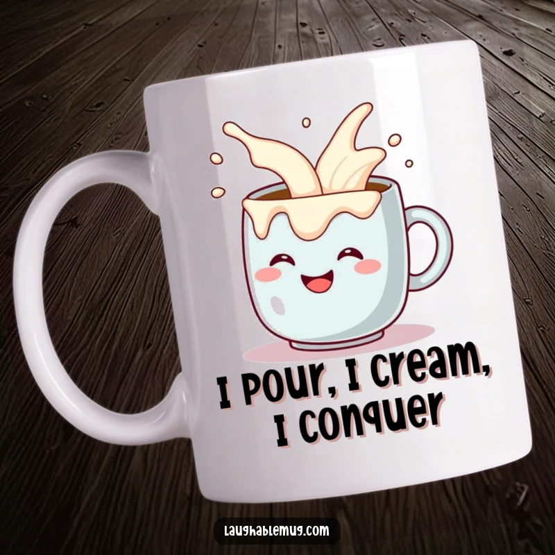 Funny coffee mug comically pouring itself extra cream overflow, an image of pure caffeinated joy and indulgence. Perfect for a humorous gift.