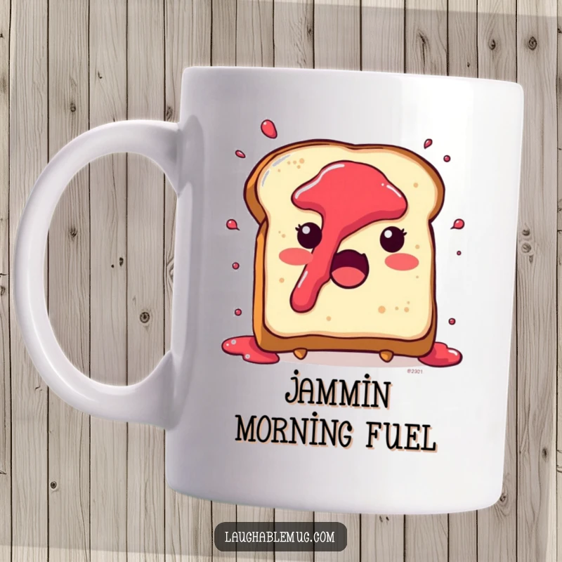 Funny mug featuring a cute toast character with jam splattering everywhere due to surprise, embodying breakfast mishaps.