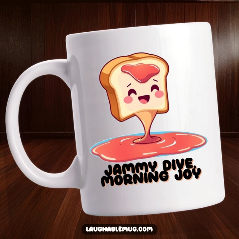 Funny mug showing a happy toast slice dramatically diving into a pool of sticky red jam, perfect for breakfast humor.