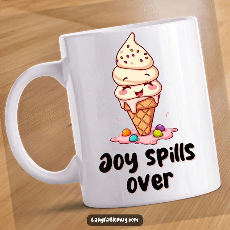 Funny mug depicting a laughing ice cream cone, with toppings spilling over in a delightful mess.