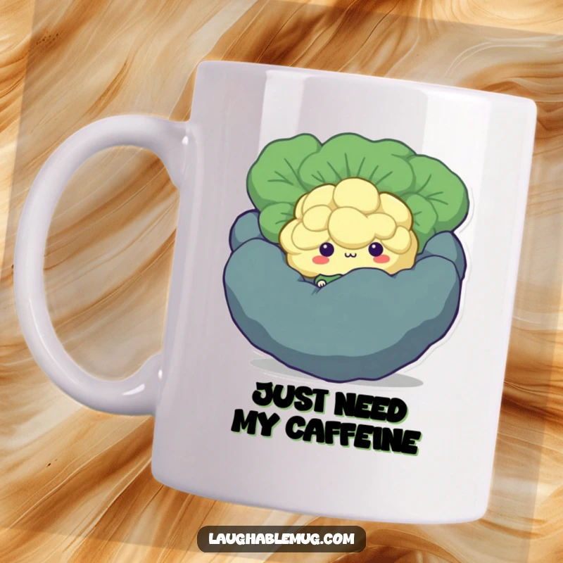 Funny Shy Broccoli Mug: A cute broccoli floret character is shyly hiding behind a bigger vegetable, looking endearing and bashful.
