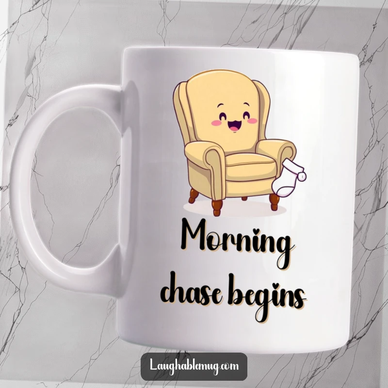 Funny mug showing a cheerful armchair comically chasing a single sock across the floor, capturing domestic absurdity.