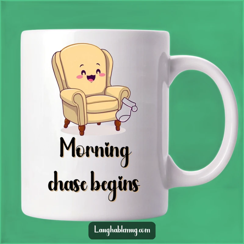 Funny Armchair Sock Chase Mug - Hilarious Furniture Humor, Perfect Funny Gift for Homebodies