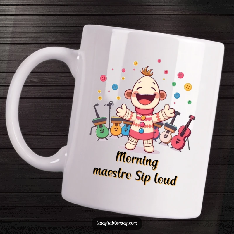 Funny mug showcasing a cheerful sock puppet energetically conducting an orchestra made of buttons, full of playful chaos.