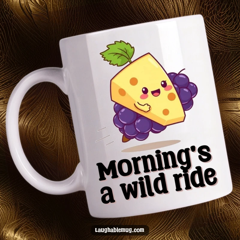 Funny mug depicting a playful slice of cheese hilariously attempting to ride a runaway grape, a chaotic food scene.