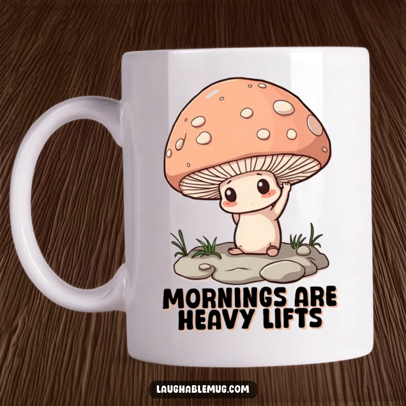 Funny Mug: A determined mushroom struggling to lift a large pebble, symbolizing perseverance and effort with humor.