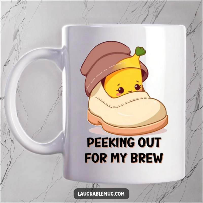 Funny mug with a shy banana character peeking from behind a giant shoe, showcasing quirky humor.