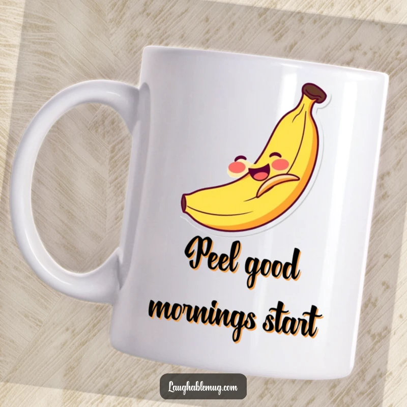 Funny Mug: Smiling banana comically slipping on its own peel, a hilarious and energetic cartoon character.