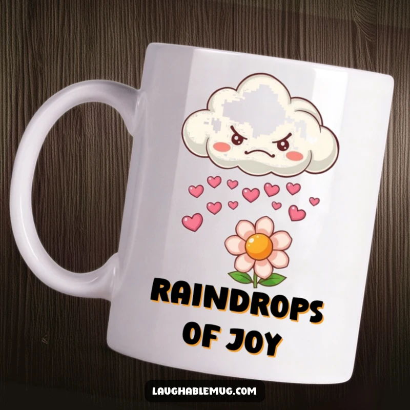 Funny mug shows a grumpy cloud raining smiling hearts onto a happy flower, symbolizing love's persistence.