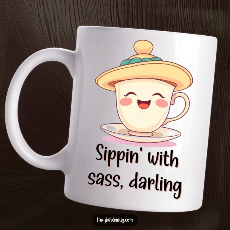 Funny laughing teacup wearing a ridiculously oversized, floppy hat, a whimsical and amusing design for your favorite beverage. A great funny gift.