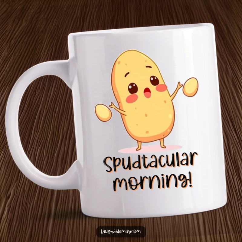 Funny mug of a surprised potato energetically juggling three tiny eggs, showcasing delightful kitchen chaos, a perfect gift.