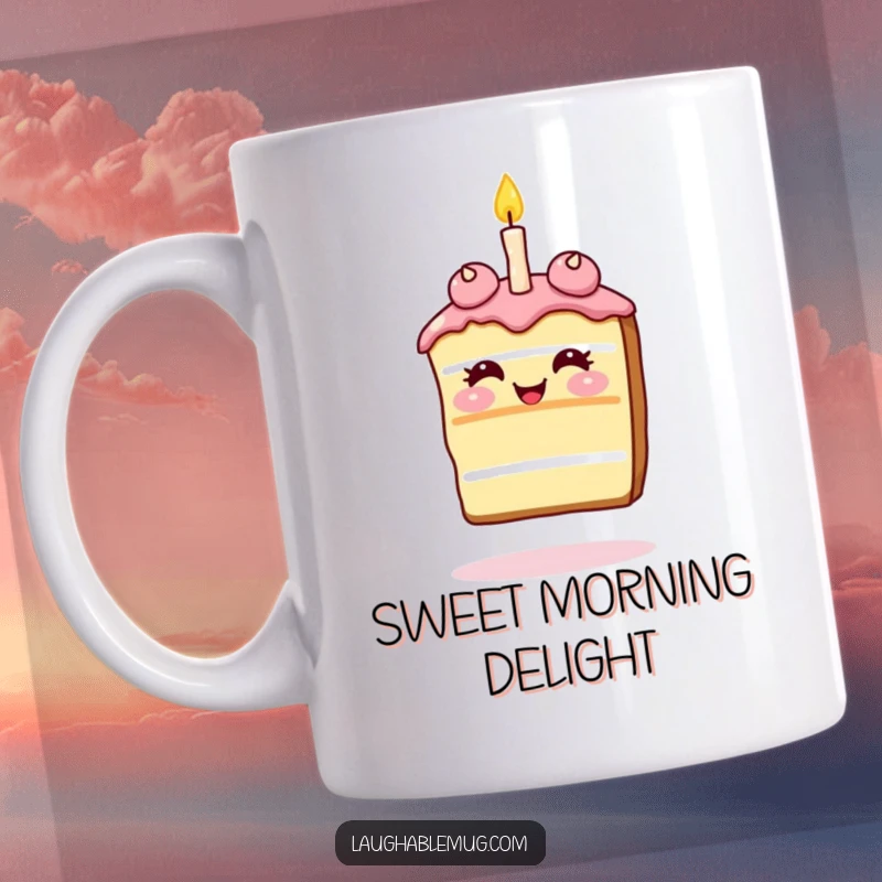 Funny Mug: Giggling slice of cake balancing a single candle on its nose, a joyful and celebratory character.