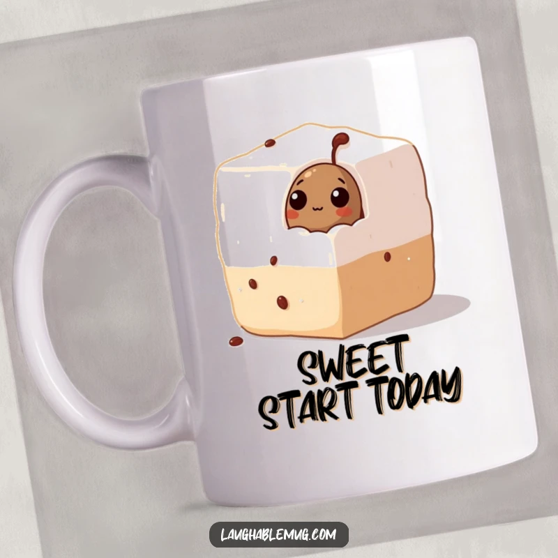 Funny Mug: A curious coffee bean peeks out from a giant sugar cube, symbolizing a sweet start to the day with a humorous twist.