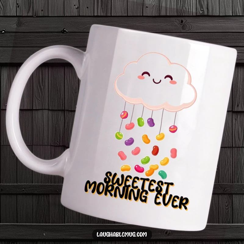 Funny mug: A cheerful, smiling cloud joyfully showering colorful jelly beans, creating a whimsical and happy scene.