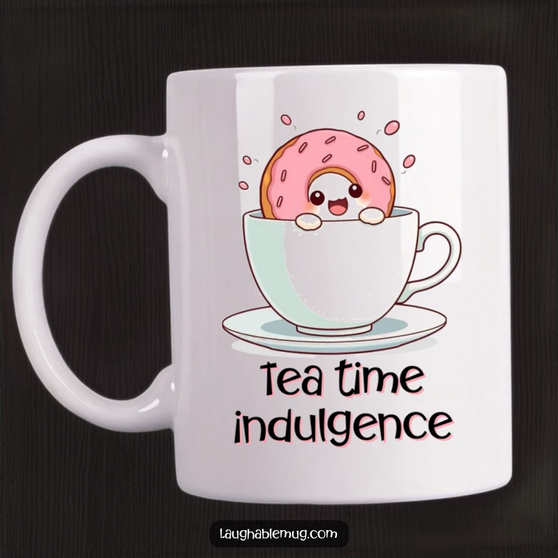 Funny Kawaii Donut Teacup Dive Mug: A cute donut character joyfully dives headfirst into a giant teacup, a sweet and funny scene.