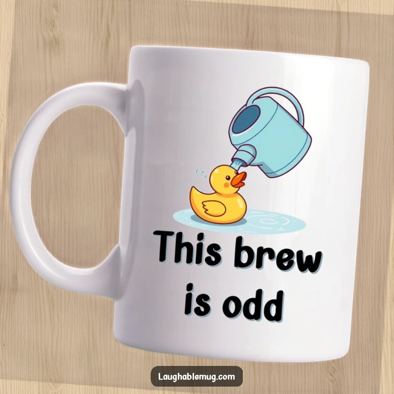 Funny mug showing a confused watering can attempting to water a cheerful rubber duck, highlighting a moment of misplaced gardening effort.