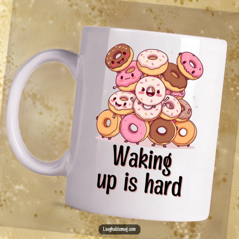 Funny mug: A pile of donuts comically attempting a synchronized dance routine with awkward, wobbly movements.