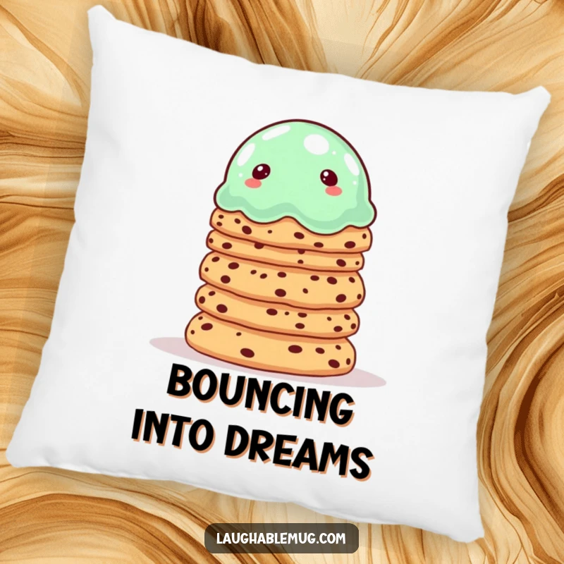 Funny pillow featuring a wobbly jelly balancing cookies, perfect for cozy comfort and dessert lovers.