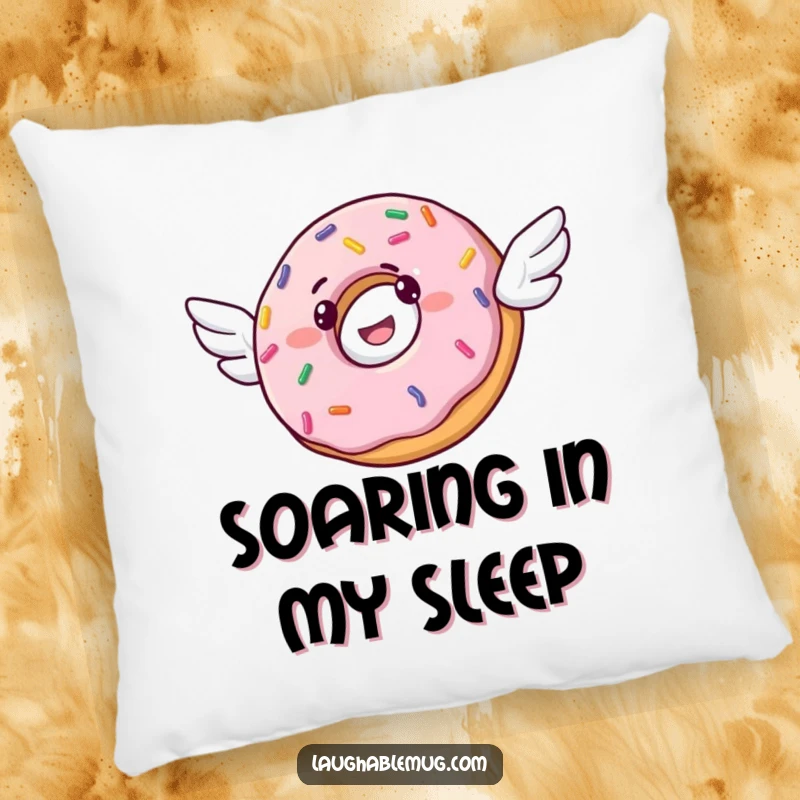 Funny pillow showing a cheerful donut with tiny wings, poised for flight, adorned with colorful sprinkles for a cozy feel.