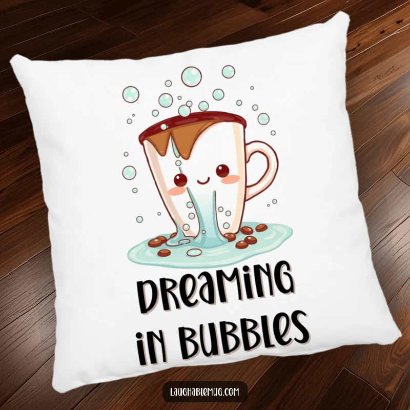 Funny Kawaii pillow depicting a coffee cup character spilling a waterfall of cheerful bubbles, offering cozy and bubbly comfort.