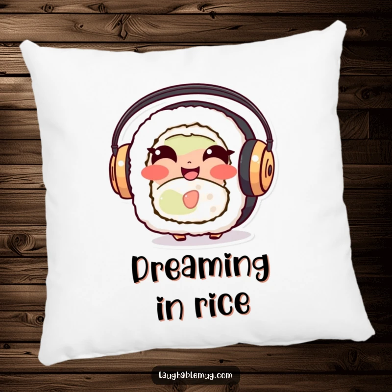 Funny Sushi Roll Pillow: A plush, giggling sushi character with headphones, offering comfort and a humorous touch to any room.