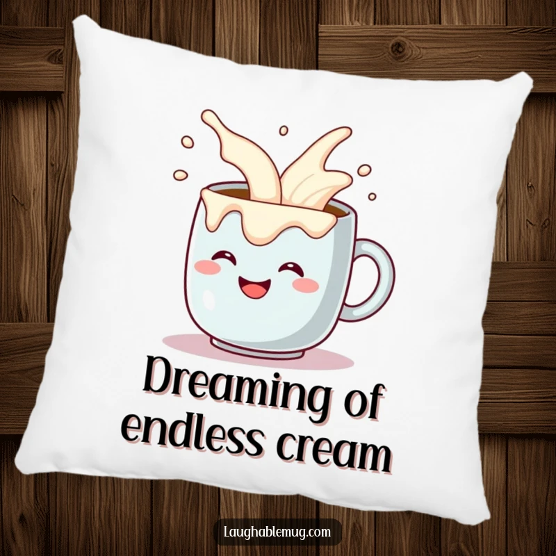Funny pillow with a grinning coffee mug comically pouring itself extra cream overflow, soft and humorous decor. A delightful funny gift.