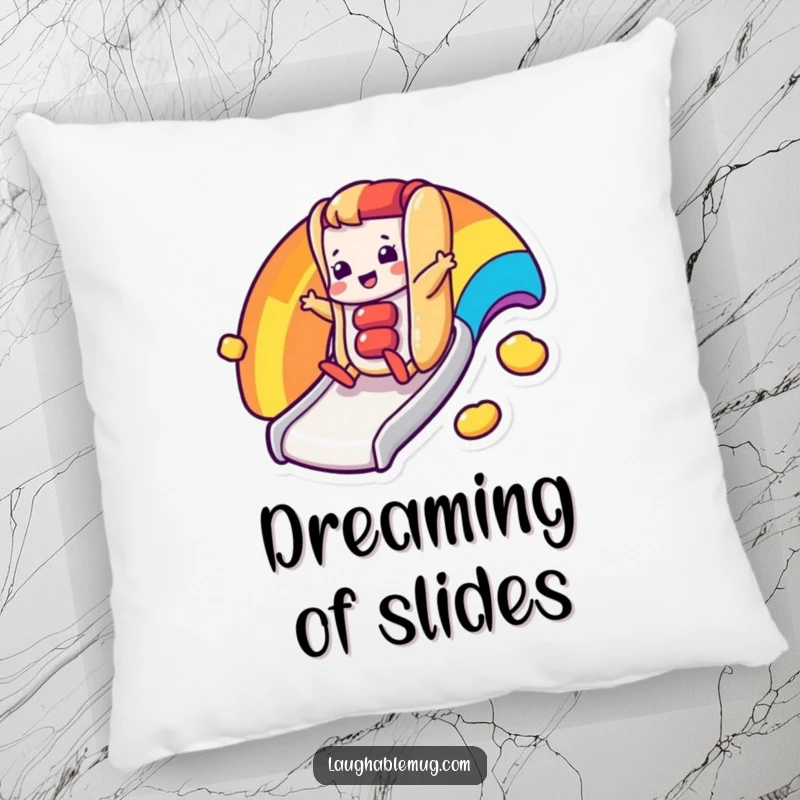 Funny pillow with a happy hot dog character sliding down a rainbow slide, perfect for cheerful comfort.