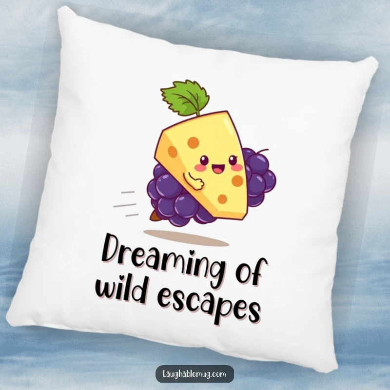 Funny pillow featuring a playful slice of cheese riding a runaway grape, offering comfort and a humorous decorative touch.