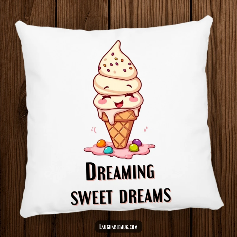 Funny pillow with a giggling ice cream cone spilling toppings, offering cozy charm and humor.