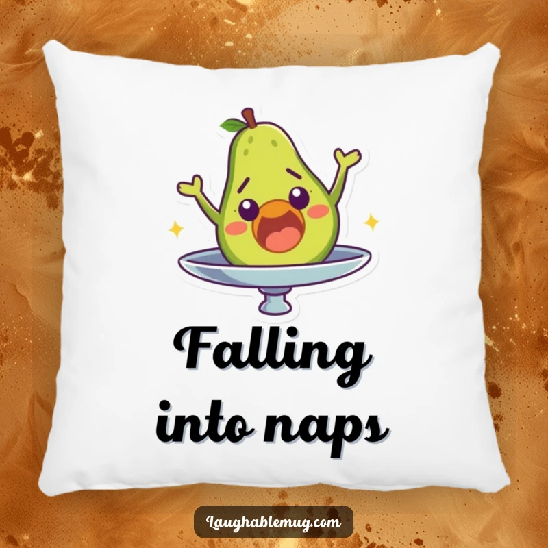 Funny pillow designed with a surprised avocado character mid-fall from a spinning plate, perfect for adding quirky charm.