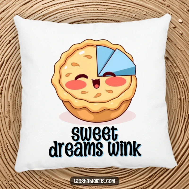 Funny pillow featuring a blushing apple pie winking at a pie chart, providing a soft and humorous decorative accent for any room.