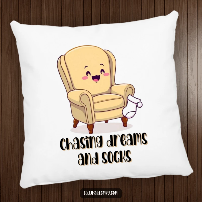 Funny pillow featuring a determined armchair chasing a rogue sock, providing a soft and humorous decorative accent for any seating area.
