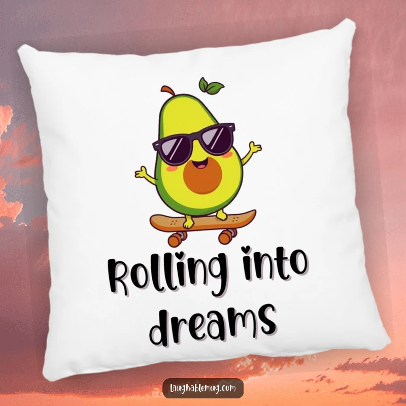 Funny pillow showcasing a happy avocado character on a skateboard, wearing sunglasses, offering cool comfort and a touch of humor.