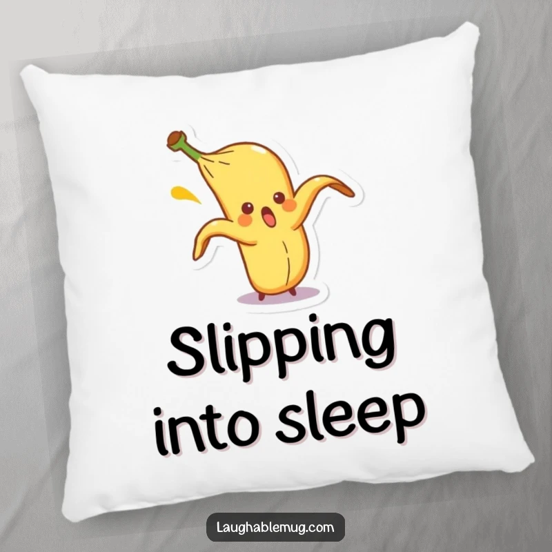 Funny pillow with a surprised banana peel character comically slipping on itself, offering cozy comfort and slapstick humor.
