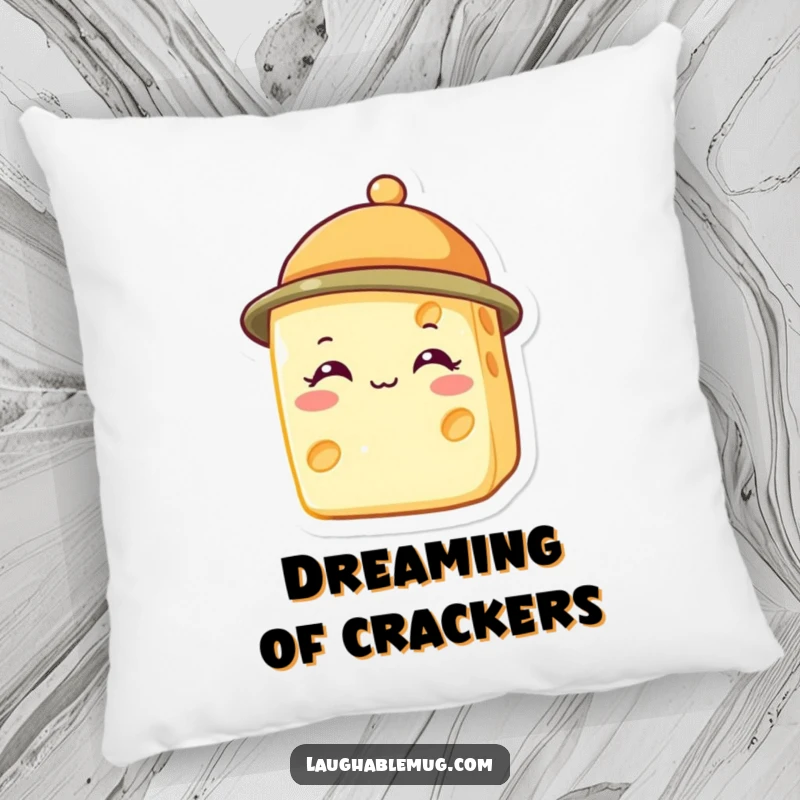 Funny pillow with a smiling cheese wedge sporting a tiny hat, providing comfort and quirky charm.