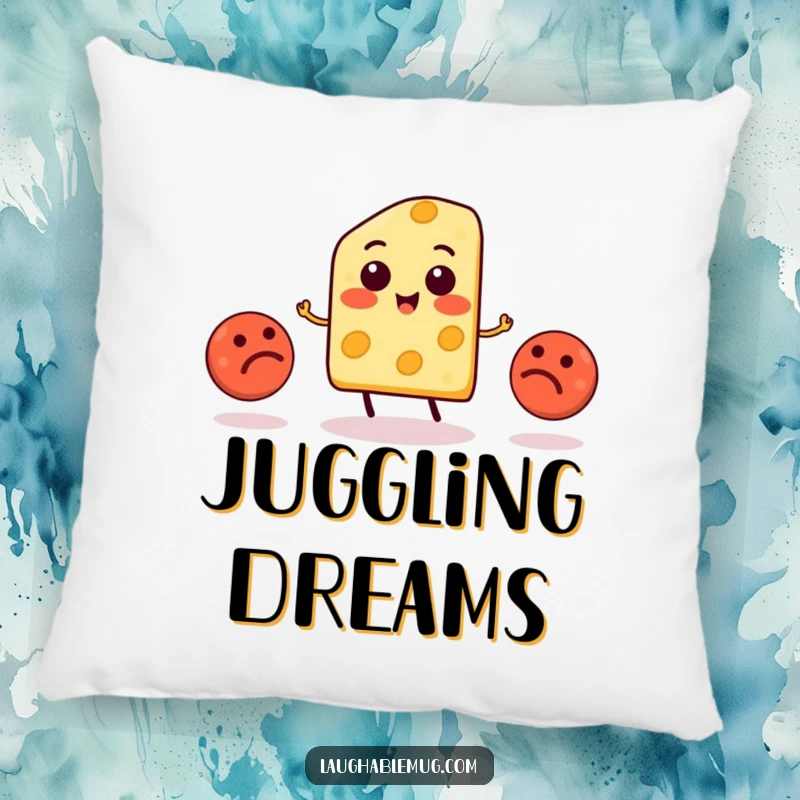 Funny Cheese Juggling Meatball Pillow: A smiling cheese slice character humorously juggles three wobbly meatballs, soft and squishy.