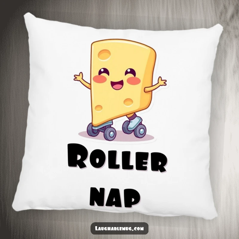 Funny pillow with a smiling cheese slice on skates, adding comforting dairy whimsy to any room, a perfect funny present.