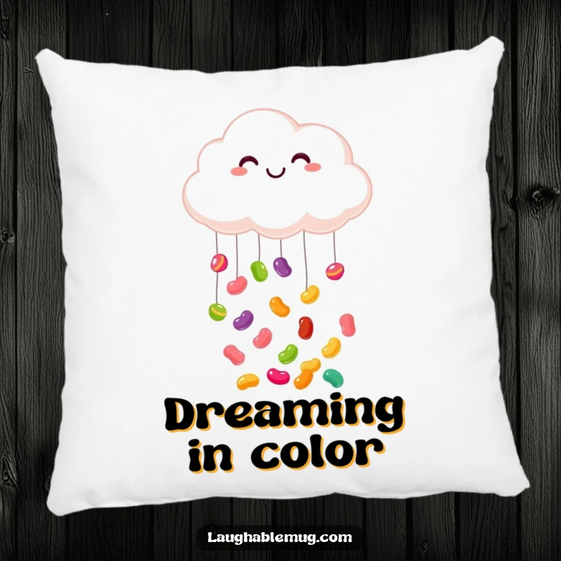 Funny pillow: A soft, decorative pillow showcasing a smiling cloud joyfully raining colorful jelly beans, perfect for sweet dreams.