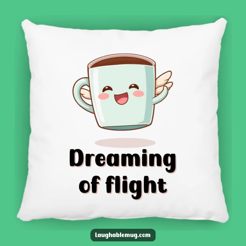 Funny Coffee Pillow: Happy Flying Mug Character, Humorous Decor Accent & Gift