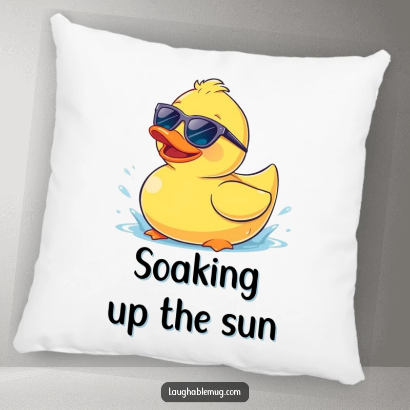 Funny pillow featuring a happy rubber ducky wearing sunglasses, splashing playfully, bringing cheerful vibes.