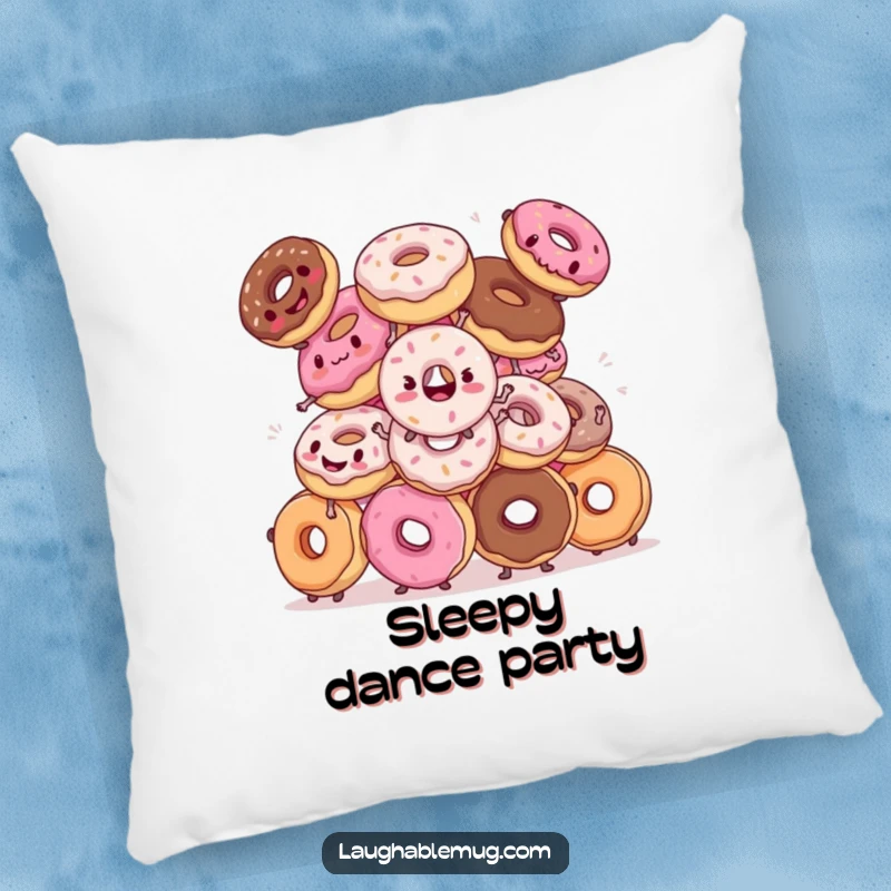 Funny pillow: A plush cushion depicting donuts hilariously attempting a synchronized dance routine, perfect for cozy, humorous moments.