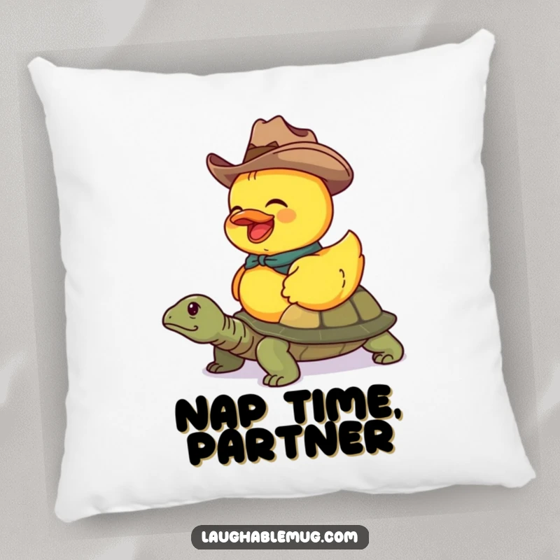 Funny pillow with a duck cowboy riding a turtle, offering humorous comfort and a touch of western flair.