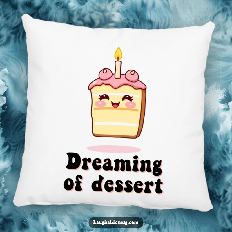 Funny Pillow: Giggling slice of cake balancing a single candle on its nose, a comfortable and humorous accent.