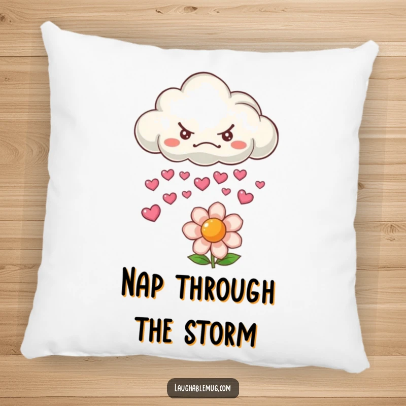 Funny pillow featuring a grumpy cloud raining hearts on a flower, perfect for cozy comfort.