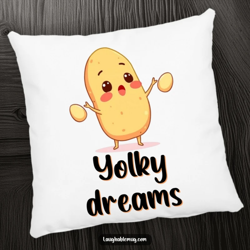 Funny pillow with a surprised potato juggling eggs, adding comfort and amusing kitchen whimsy to any room, a perfect funny present.