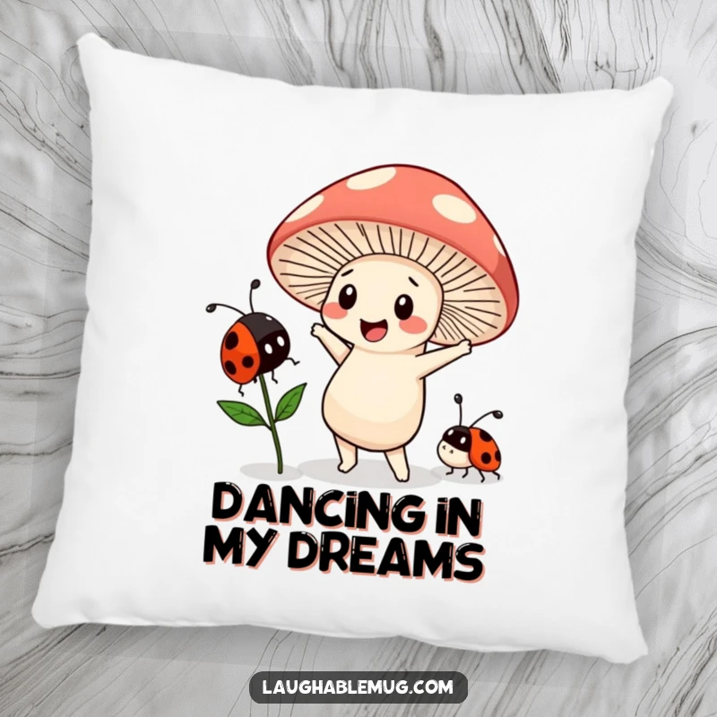 Funny Kawaii pillow depicting a mushroom character doing a goofy dance with a bewildered ladybug, offering cozy and whimsical comfort.